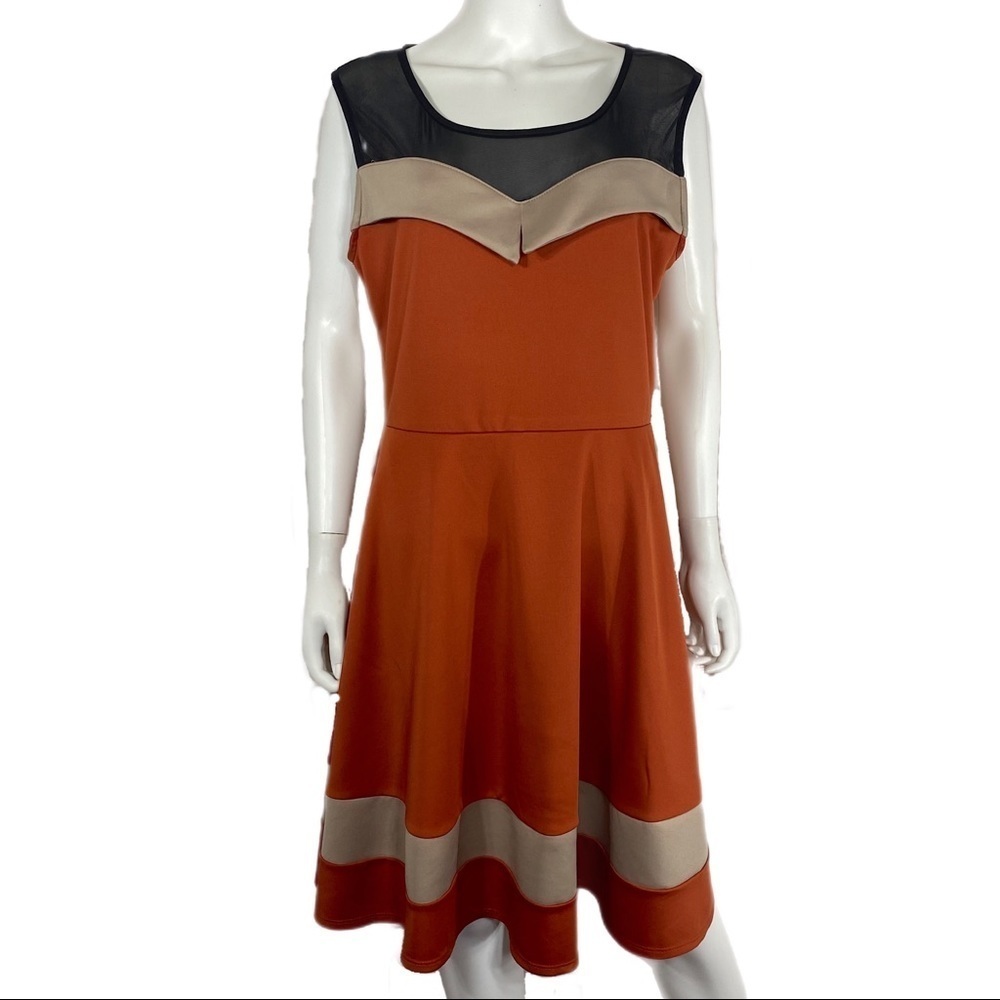 O'- Sher Sleeveless Burnt Orange Netted Top Fit & Flare Dress